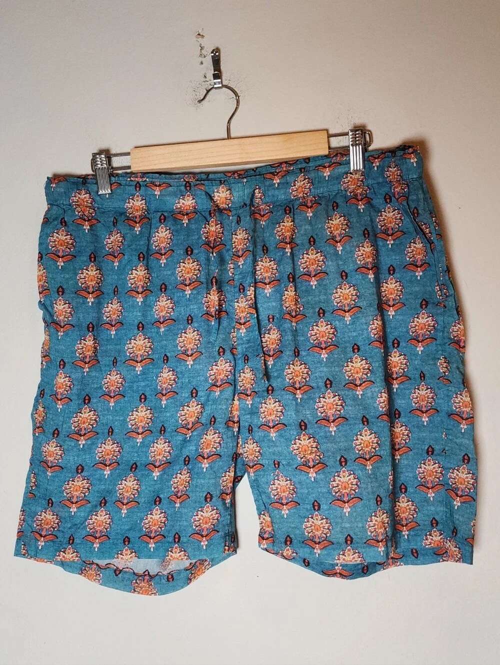 Sundance 100% Cotton Lightweight Pull On Drawstring Shorts Blue Pattern Large